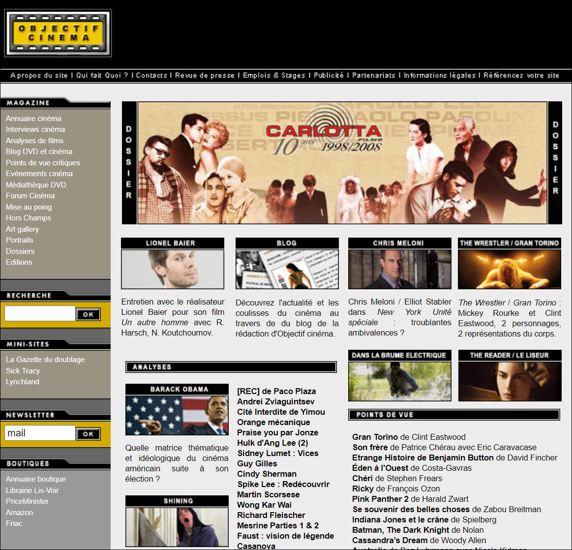 Copie de la home page du site Objectif Cinéma
